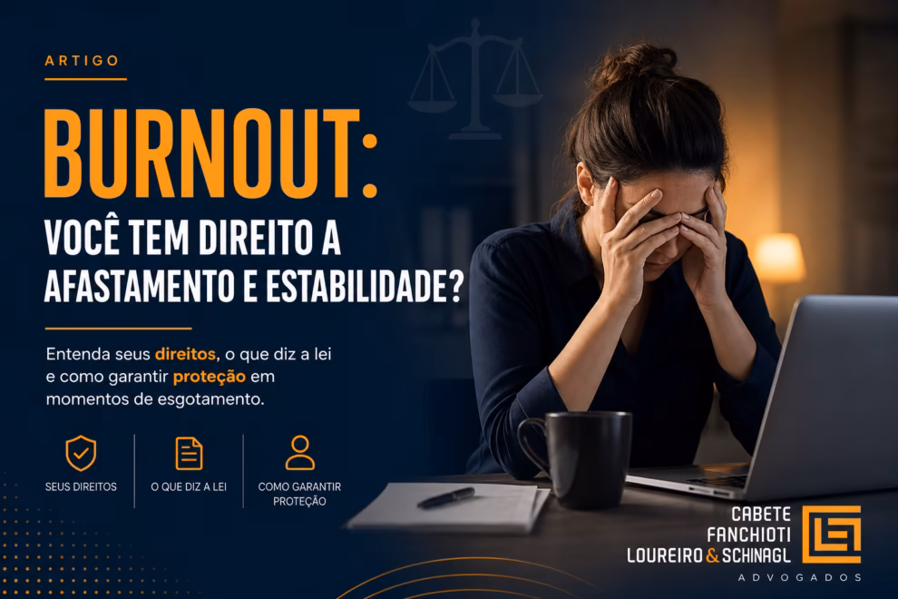 Ilustração de trabalhador em burnout recebendo orientação jurídica sobre direitos previdenciários e trabalhistas
