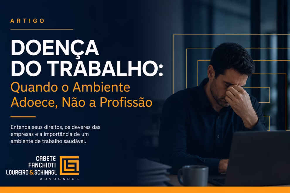 Ilustração conceitual mostrando trabalhador em ambiente com fatores de risco ocupacional (ruído, umidade, ergonomia inadequada) que podem causar doença do trabalho