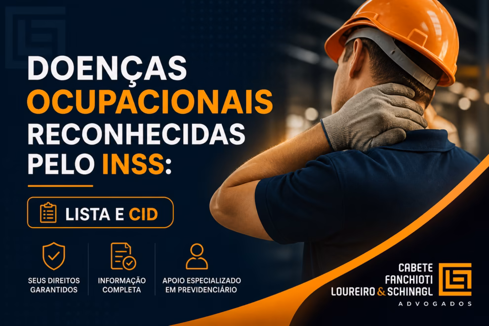 Tabelas de doenças ocupacionais reconhecidas pelo INSS com códigos CID, organizadas por categoria profissional