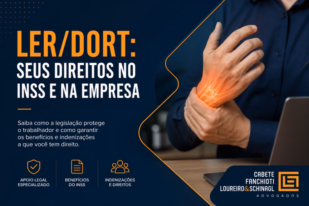 Ilustração de trabalhador consultando documentos sobre direitos de LER/DORT no INSS e na empresa