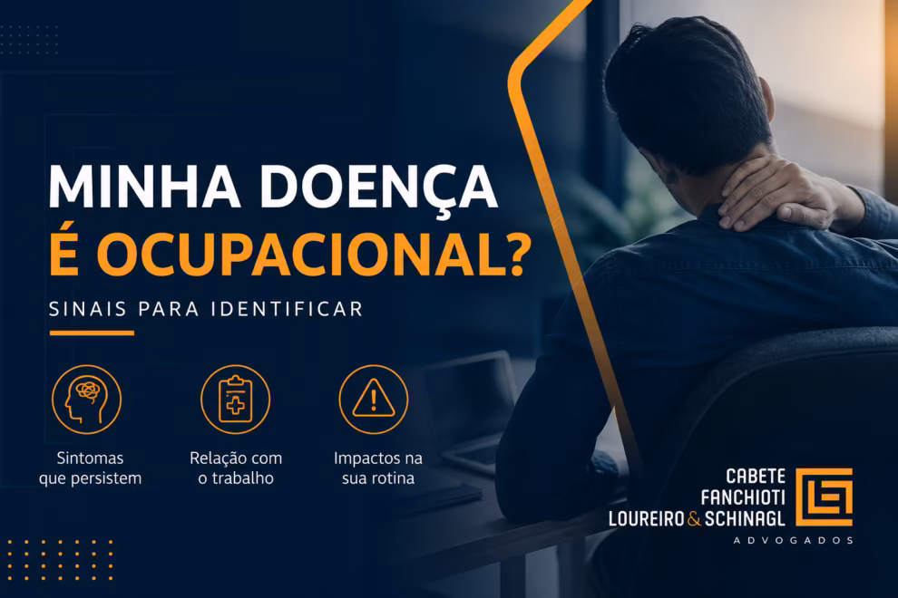 Diagrama ilustrativo mostrando os principais sinais de uma doença ocupacional: piora durante o trabalho, melhora nas folgas, exposição a fatores de risco e timeline dos sintomas