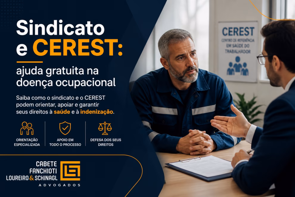 Representação visual mostrando sindicato e CEREST como canais de apoio gratuito na doença ocupacional