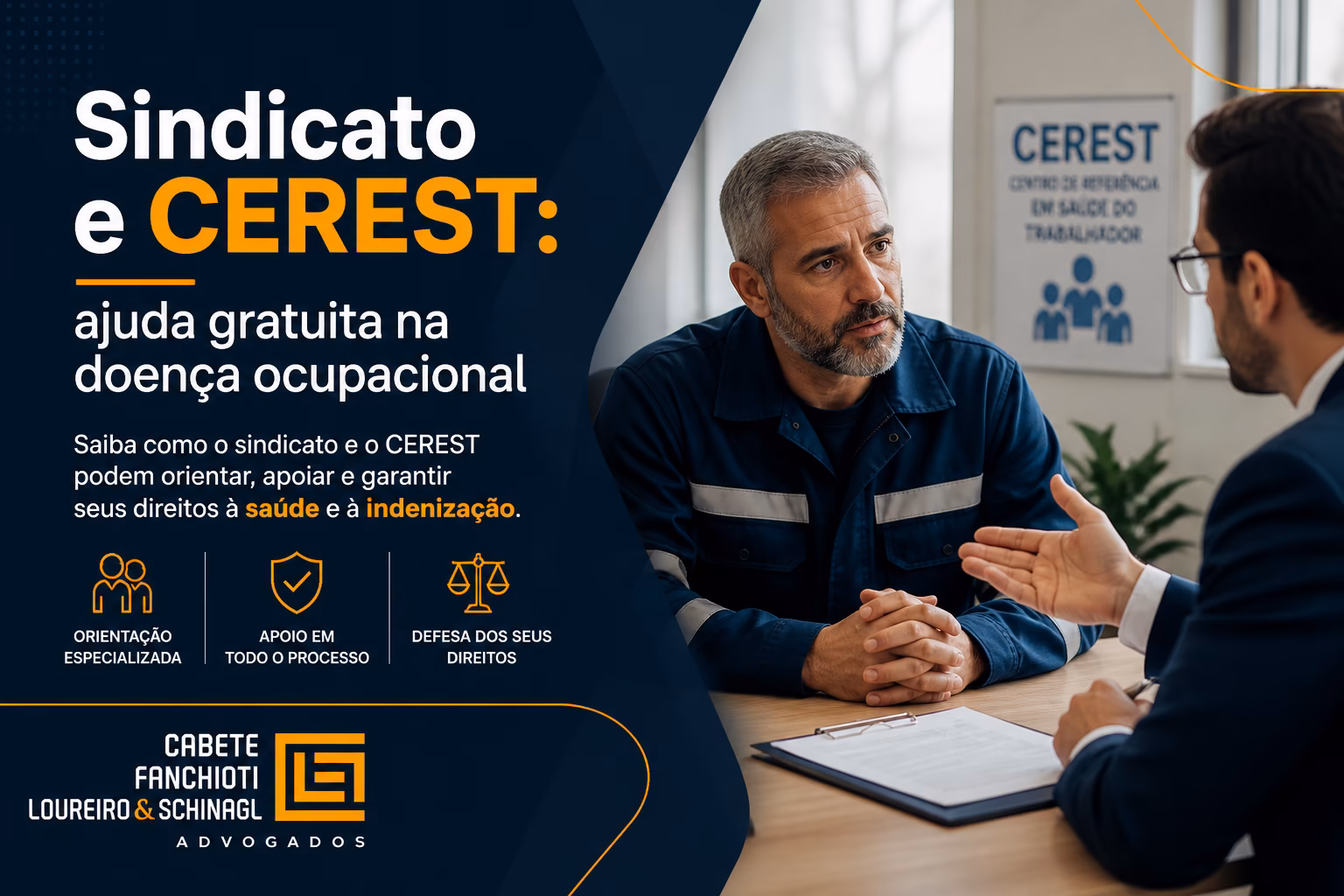 Representação visual mostrando sindicato e CEREST como canais de apoio gratuito na doença ocupacional