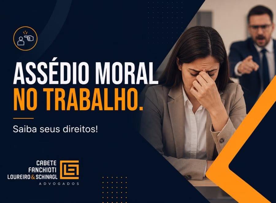 Cabeçalho profissional com título "Assédio moral no trabalho. Saiba seus direitos!" em design moderno com cores azul, laranja e branco.