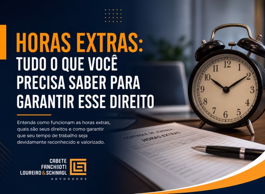 Cabeçalho editorial moderno sobre horas extras com cores azul escuro, laranja e branco, ilustrando direitos trabalhistas e compensação de tempo extra.