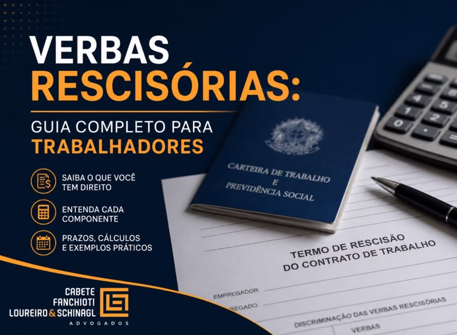 Guia completo sobre verbas rescisórias com design moderno em azul, laranja e branco para trabalhadores