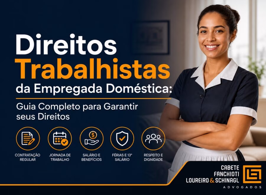 Ilustração moderna sobre direitos trabalhistas de empregadas domésticas com cores azul-marinho, laranja e branco
