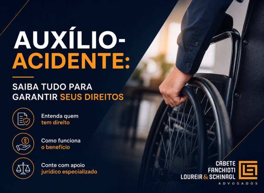 Imagem de cabeçalho com título "Auxílio-Acidente: Saiba Tudo Para Garantir Seus Direitos" em design moderno com cores azul-marinho, laranja e branco.