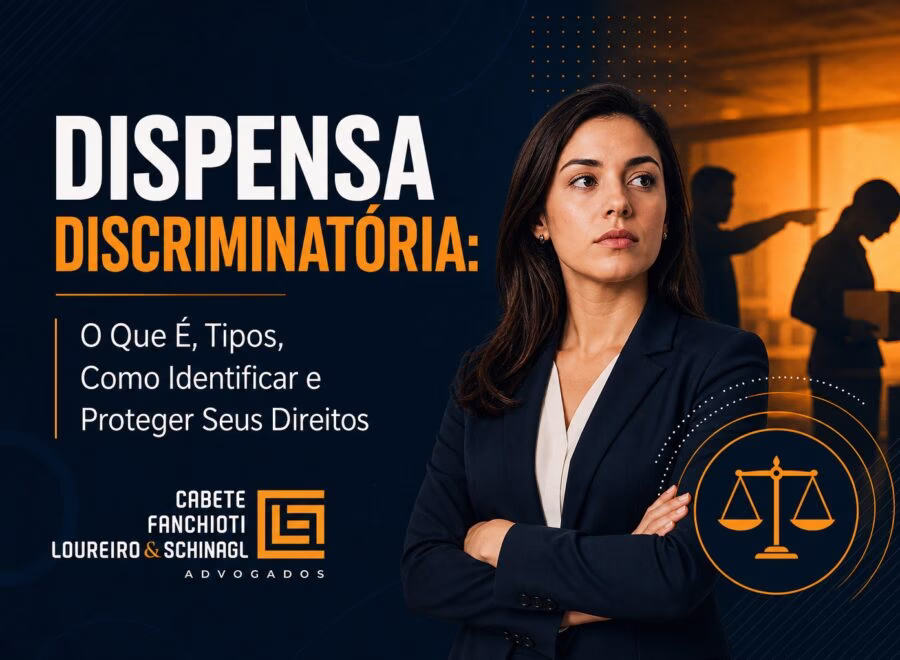 Ilustração profissional sobre dispensa discriminatória mostrando igualdade e direitos trabalhistas em cores azul, laranja e branco