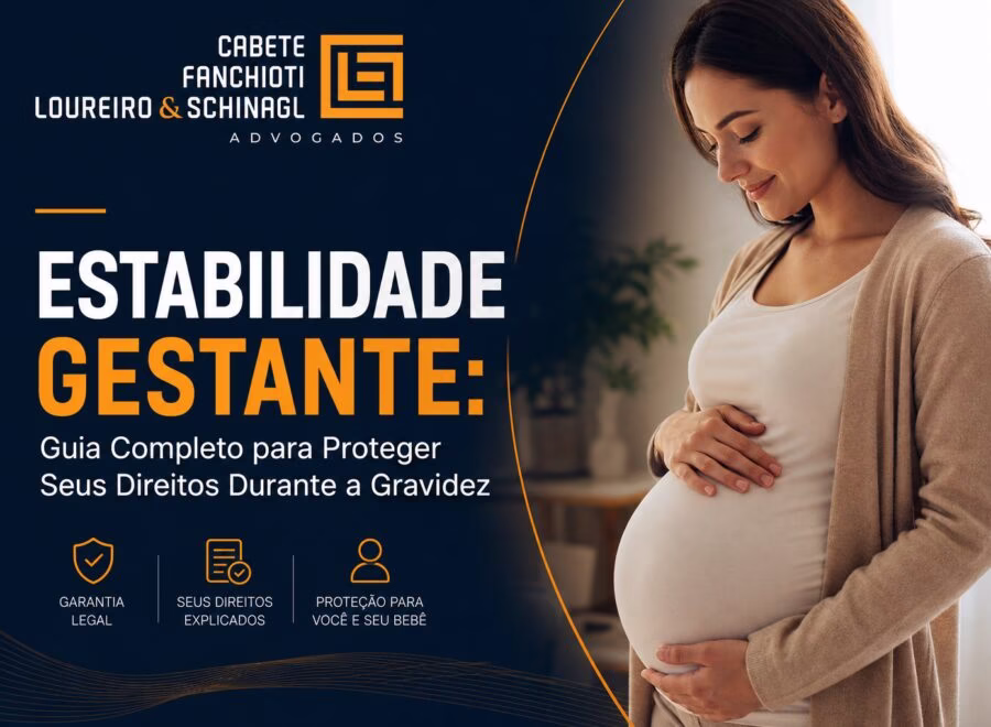 Mulher grávida consultando documentos sobre direitos trabalhistas, ilustrando proteção legal na gestação