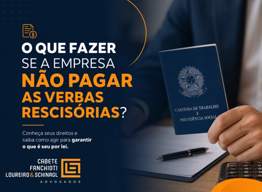 Ilustração moderna sobre direitos trabalhistas e verbas rescisórias com cores azul escuro, laranja e branco