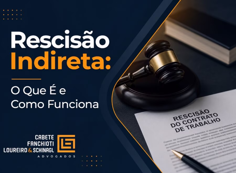 Imagem de cabeçalho profissional sobre rescisão indireta com design moderno em tons de azul escuro, laranja e branco.