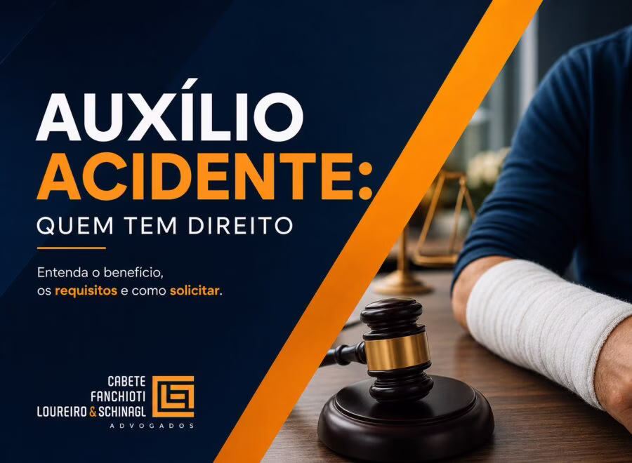 Cabeçalho editorial moderno sobre Auxílio Acidente, mostrando quem tem direito ao benefício, em tons azul escuro, laranja e branco.