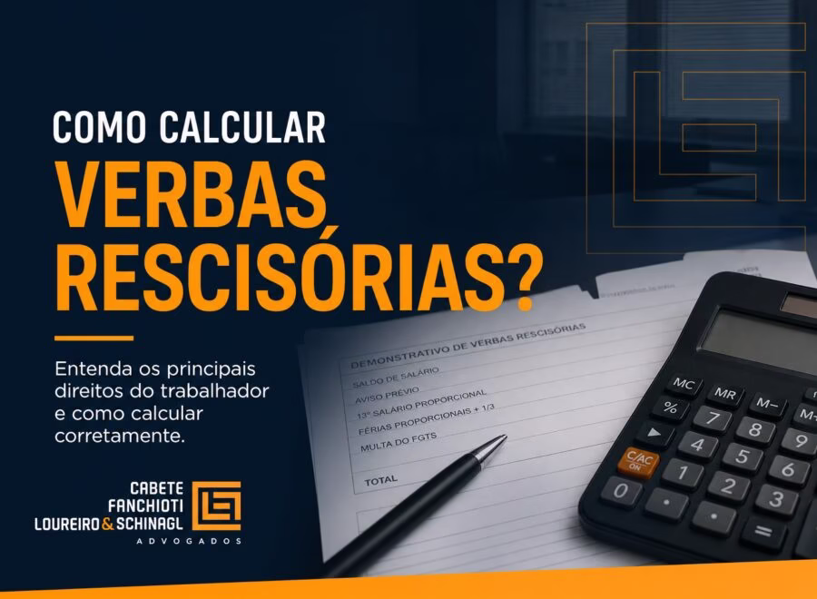 Imagem de cabeçalho profissional mostrando cálculo de verbas rescisórias com design moderno em cores azul, laranja e branco.