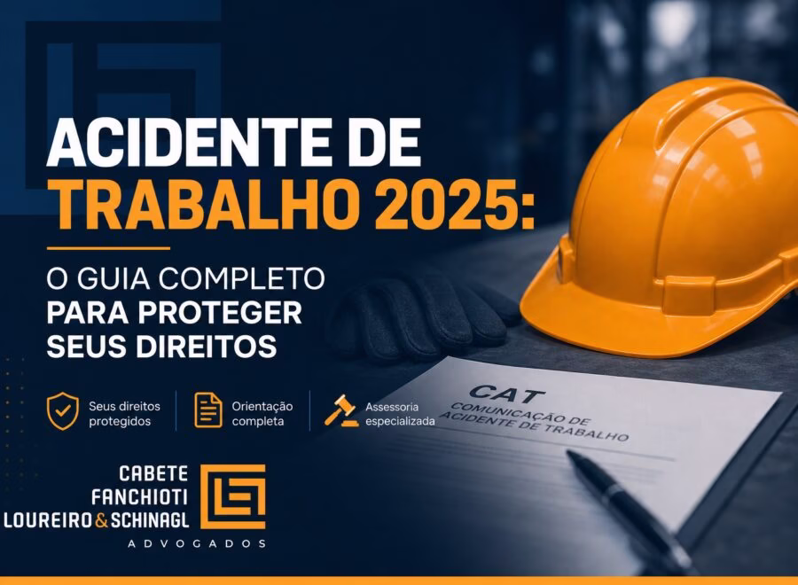Ilustração moderna sobre direitos trabalhistas e segurança no trabalho 2025 com cores azul, laranja e branco