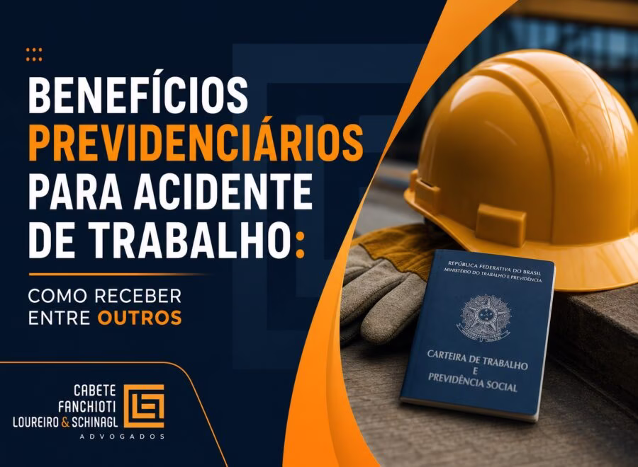 Ilustração moderna sobre benefícios previdenciários para acidentes de trabalho com cores azul, laranja e branco