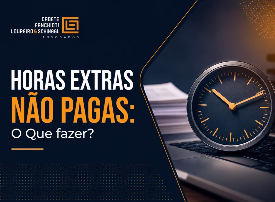 Ilustração moderna com cores azul, laranja e branco sobre horas extras não pagas e como agir legalmente