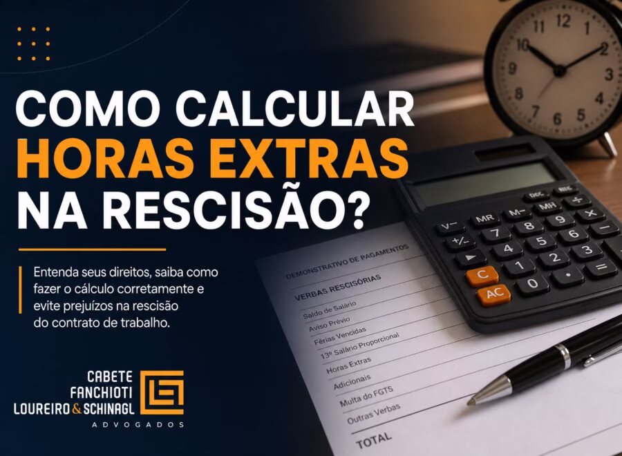 Imagem ilustrativa sobre cálculo de horas extras na rescisão trabalhista com design moderno em azul, laranja e branco