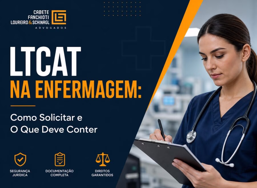 Enfermeira analisando documento LTCAT com tablet, símbolos de saúde ocupacional e segurança do trabalho em fundo moderno azul e laranja.