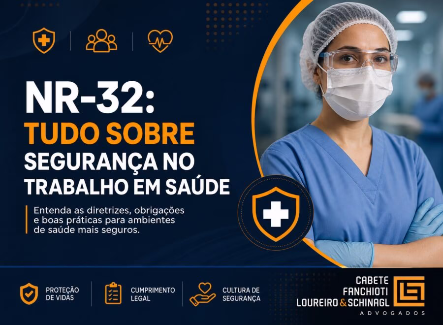 Imagem de cabeçalho mostrando NR-32 com cores azul escuro, laranja e branco, representando segurança no trabalho em saúde