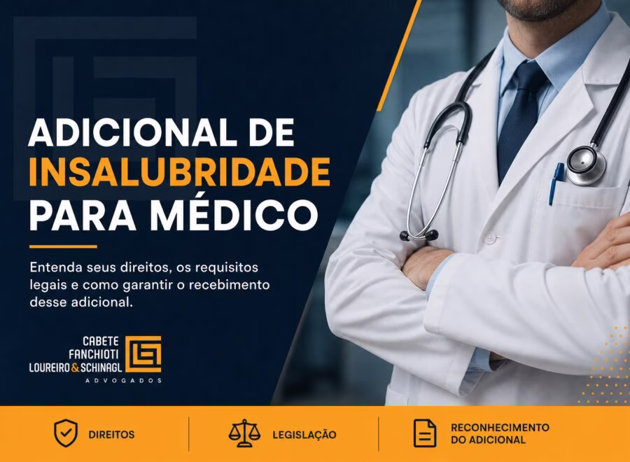 Médico em ambiente hospitalar com elementos visuais representando insalubridade e direitos trabalhistas, em tons azul escuro, laranja e branco.