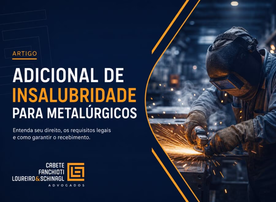 Ilustração moderna mostrando metalúrgico em ambiente industrial com cores azul, laranja e branco, representando adicional de insalubridade