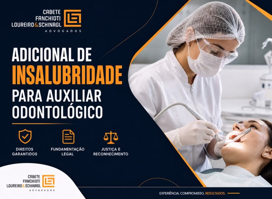 Auxiliar odontológico em consultório com paleta de cores profissional em azul marinho, laranja e branco, representando tema de insalubridade.