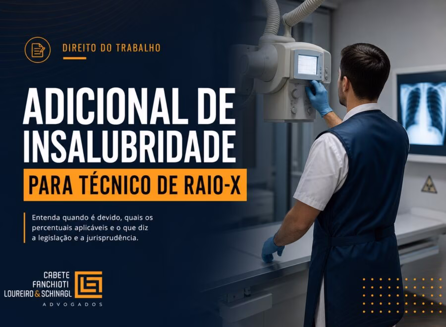 Técnico de raio-X em ambiente hospitalar com símbolos de radiação e segurança, representando insalubridade ocupacional