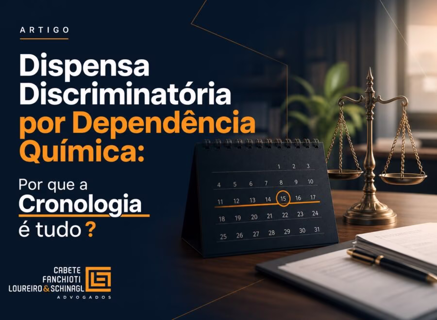Imagem editorial mostrando título sobre dispensa discriminatória por dependência química, com design moderno em tons de azul, laranja e branco