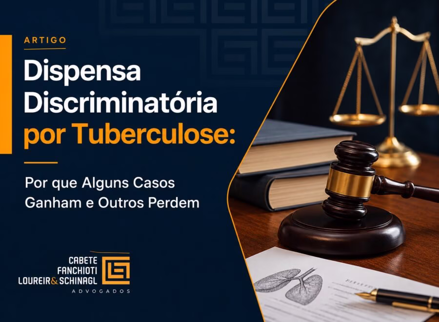 Imagem de cabeçalho editorial mostrando tema de discriminação na dispensa por tuberculose, com paleta de cores moderna em azul escuro, laranja e branco.