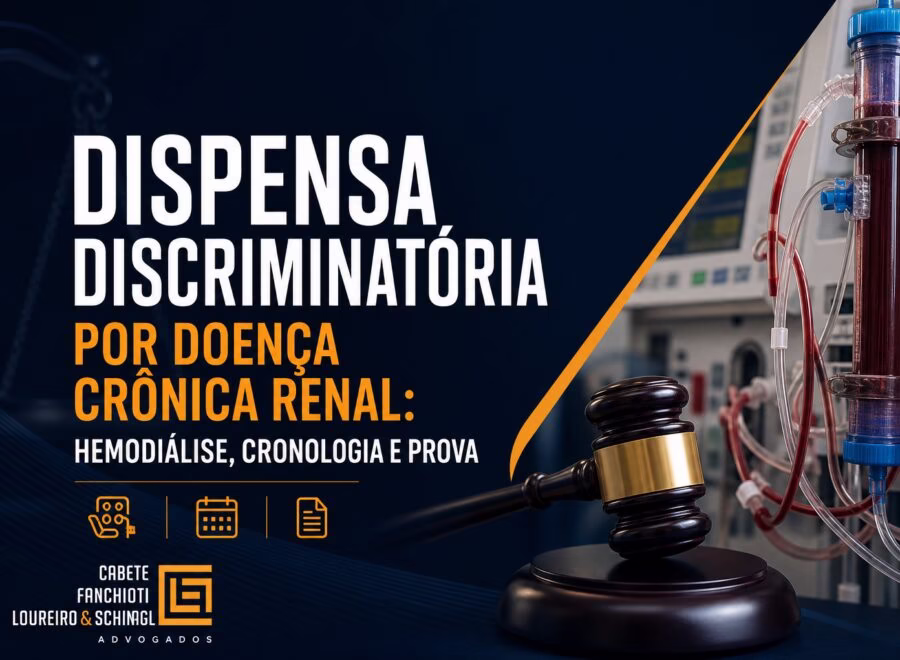 Imagem de cabeçalho profissional sobre dispensa discriminatória por doença renal crônica, hemodiálise e prova legal em tons azul, laranja e branco.