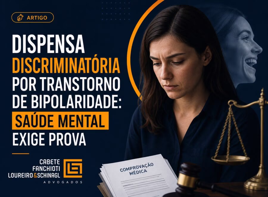 Ilustração moderna com cores azul escuro, laranja e branco representando proteção legal e saúde mental para artigo sobre dispensa discriminatória por bipolaridade