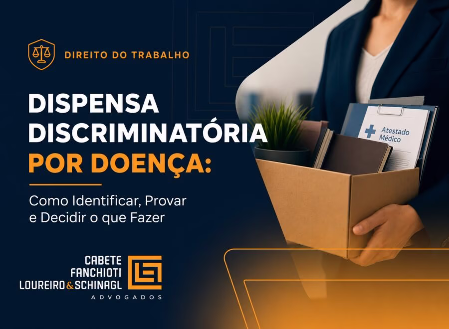 Imagem de cabeçalho profissional mostrando cores azul escuro, laranja e branco para artigo sobre dispensa discriminatória por doença