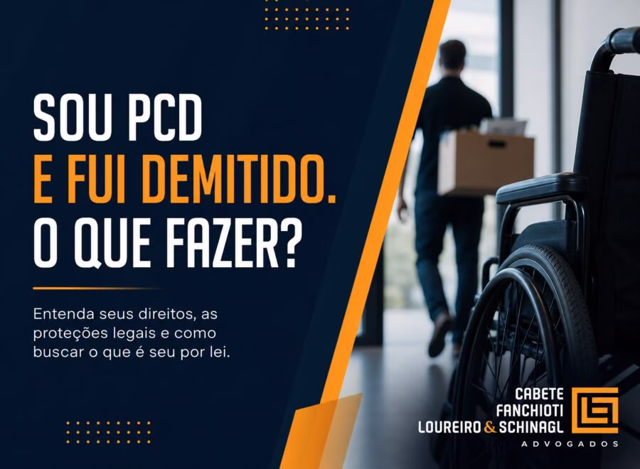 Imagem de cabeçalho editorial com título "Sou PCD e Fui Demitido. O Que Fazer?" em design moderno com cores azul, laranja e branco.