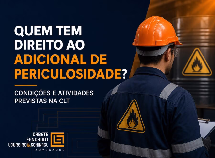 Ilustração moderna com trabalhador em ambiente de risco, cores azul escuro, laranja e branco, representando direitos ao adicional de periculosidade na CLT