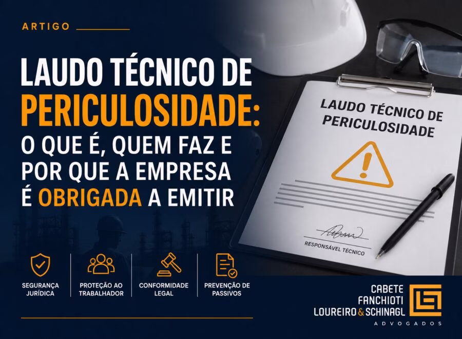 Imagem de cabeçalho profissional sobre Laudo Técnico de Periculosidade com cores azul escuro, laranja e branco.