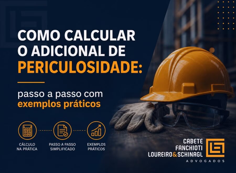 Profissional analisando cálculo de adicional de periculosidade com documentos e gráficos em cores azul, laranja e branco.