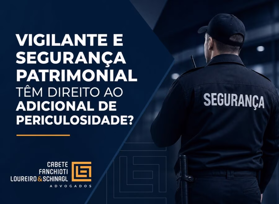 Imagem editorial mostrando título sobre direito de vigilantes e seguranças ao adicional de periculosidade, em tons azul escuro e branco.