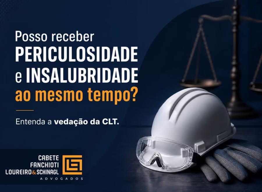 Ilustração moderna em azul marinho e branco sobre a proibição de acumular periculosidade e insalubridade conforme a CLT
