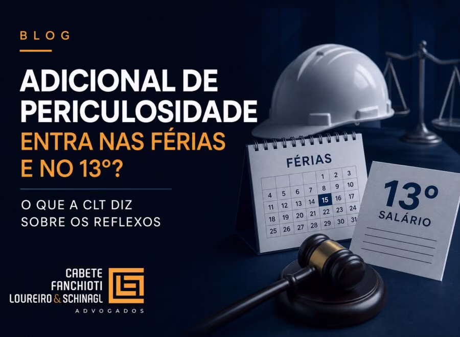 Ilustração mostra documento da CLT com destaque para adicional de periculosidade, férias e décimo terceiro em tons azuis e brancos.