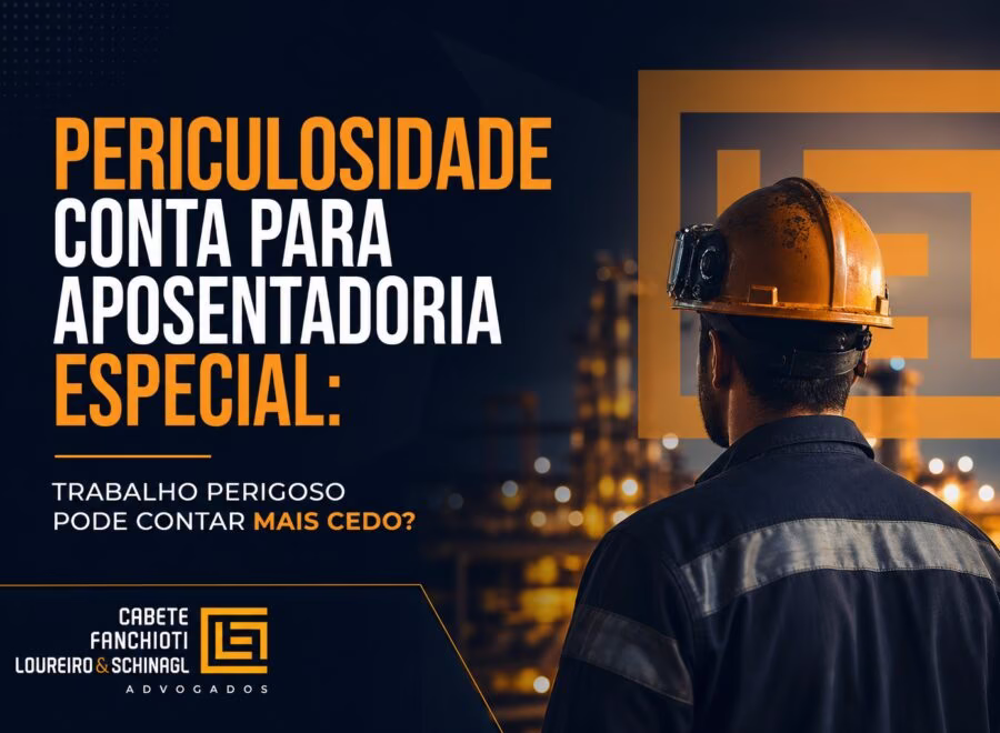 Imagem de cabeçalho com cores azul escuro, laranja e branco sobre aposentadoria especial e trabalho perigoso.