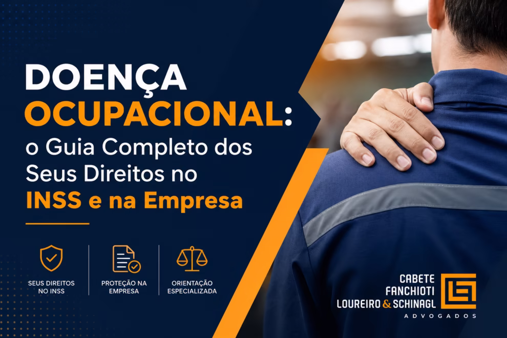 Ilustração conceitual mostrando trabalhador com documentos relacionados a direitos ocupacionais, INSS e empresa